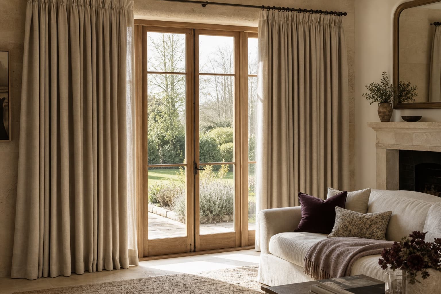 Full-length made-to-measure curtains in a refined country sitting room