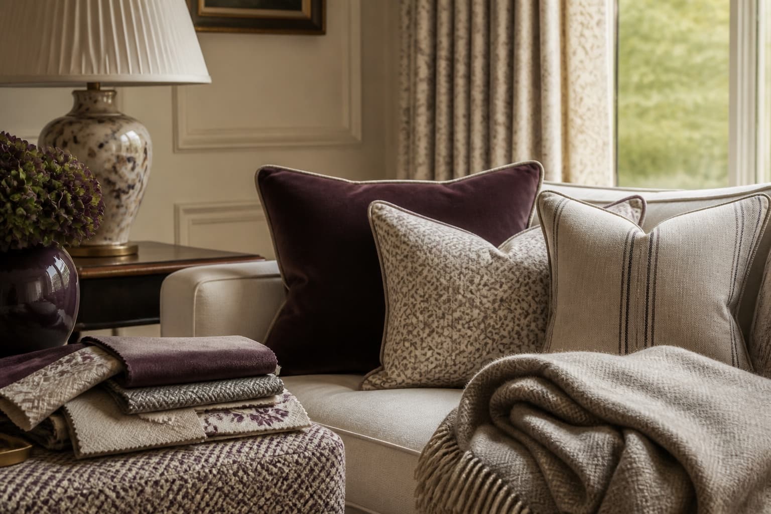 Layered cushions, fabric samples and soft furnishings in a calm home